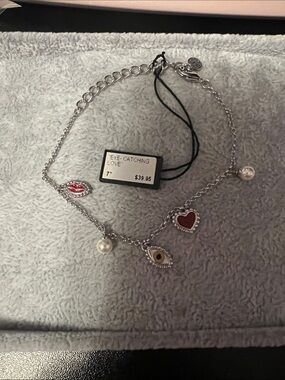 Silver Charm bracelet with Red Heart and Pearl Accents